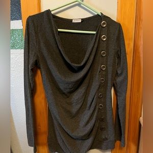Cowl neck top with side buttons.